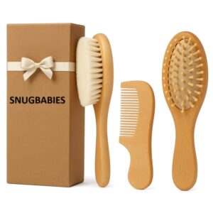 3 pcs set, oval wooden toddler & newborn grooming cradle cap brush baby comb for soft hair for infants and kids girl and boy